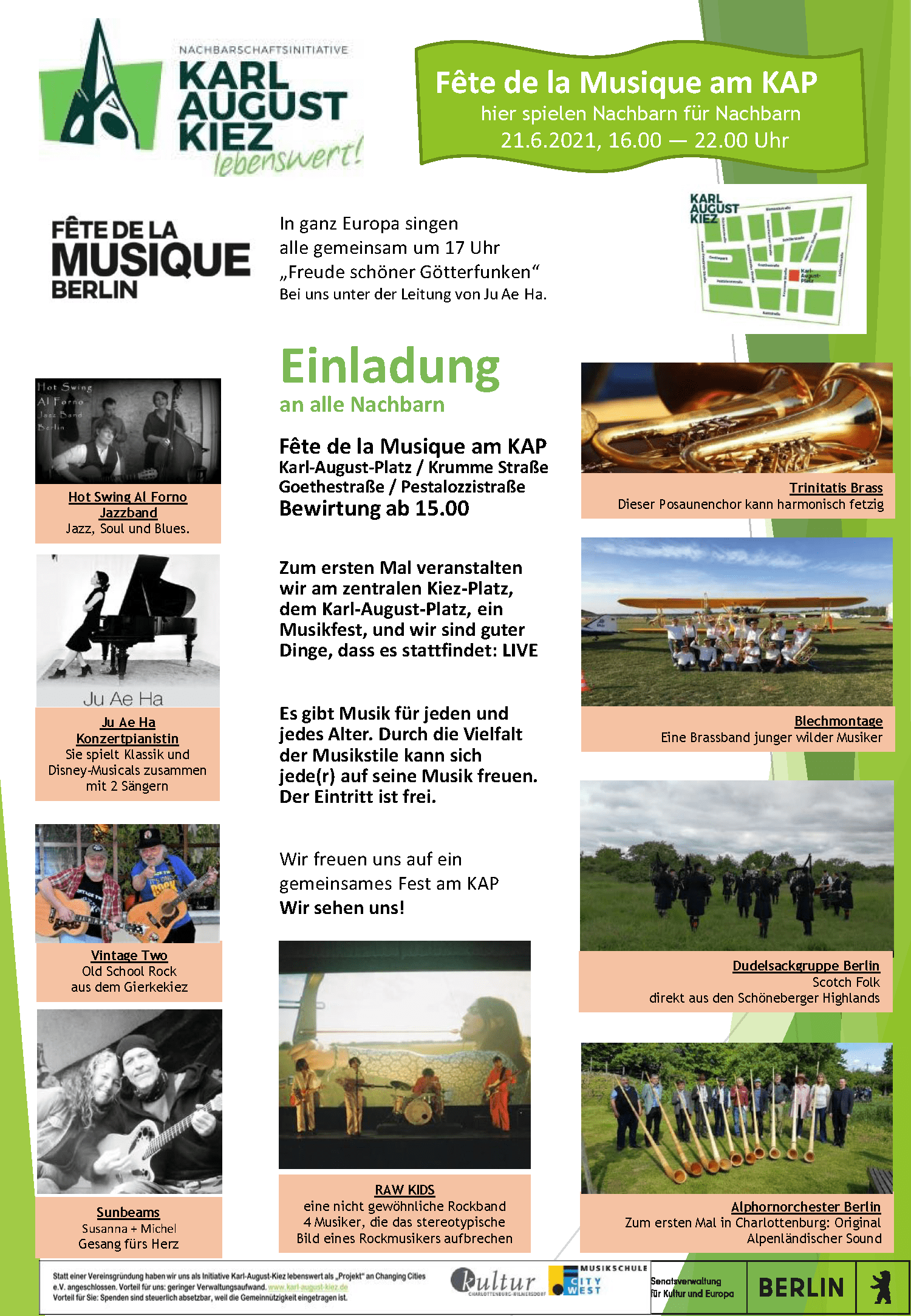 Terminplakat zur »Fête de la Musique« Berlin 2021 auf dem Karl-August-Platz. 
