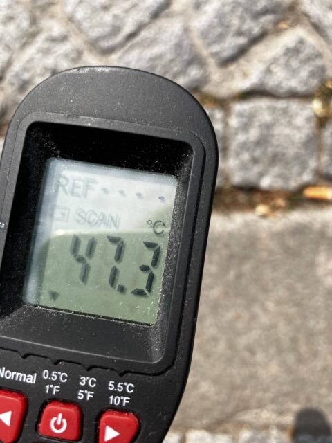 Ein digitales Laserthermometer zeigt 47,3 Grad Celsius.