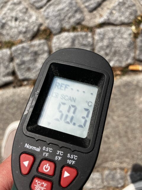 Ein digitales Laserthermometer zeigt 50,3 Grad Celsius.
